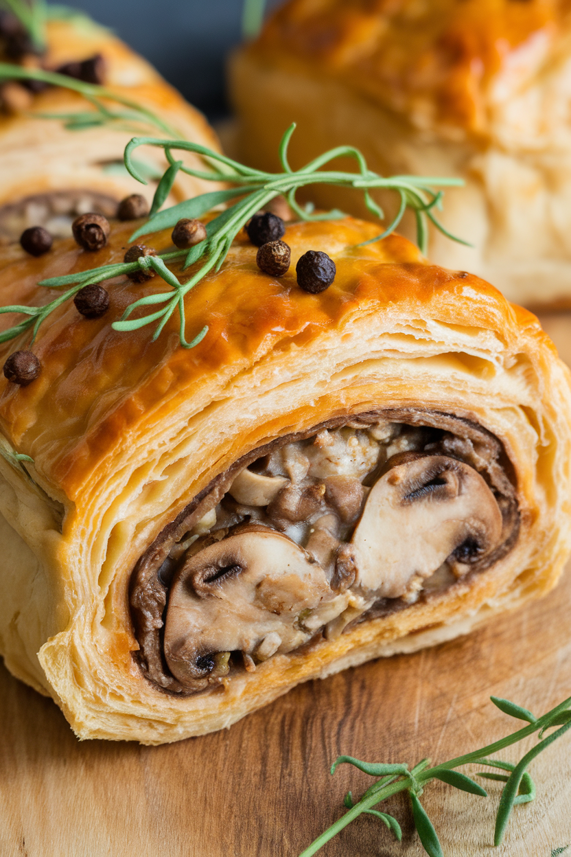 Indoor photo of puff-pastry wrapped mushroom wellington sliced to show savory filling, no text or logos.