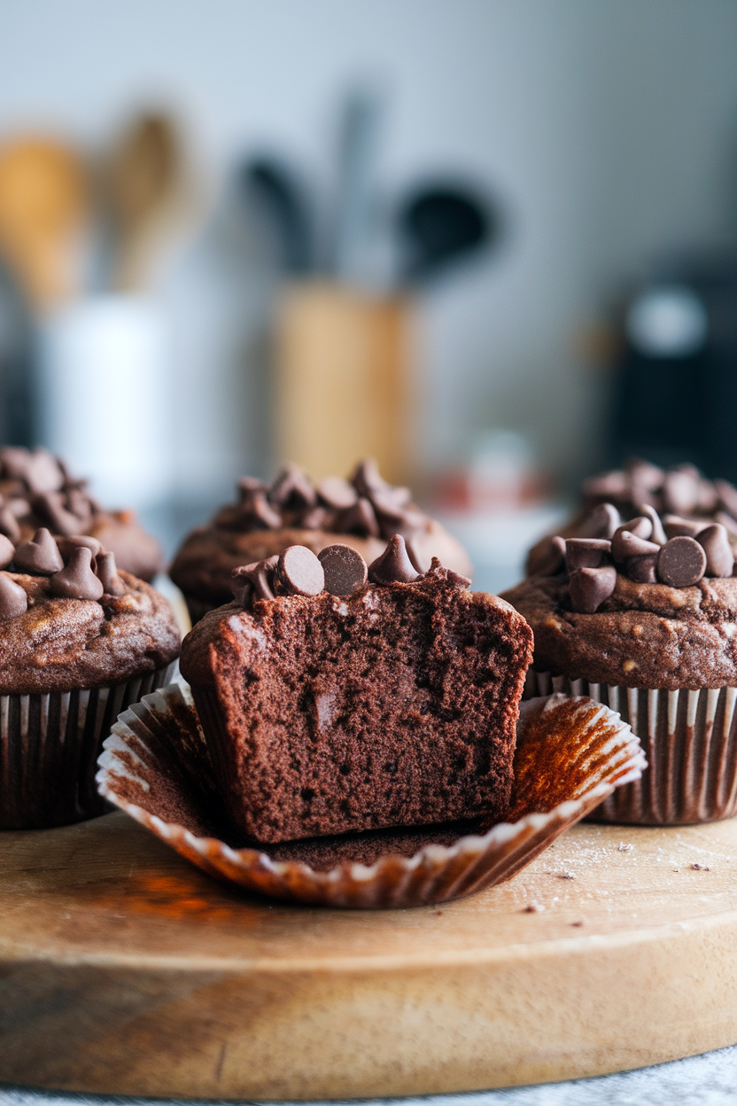 Indoor photo of chocolate banana muffins with protein powder, one muffin broken open showing moist crumb, no text or logos