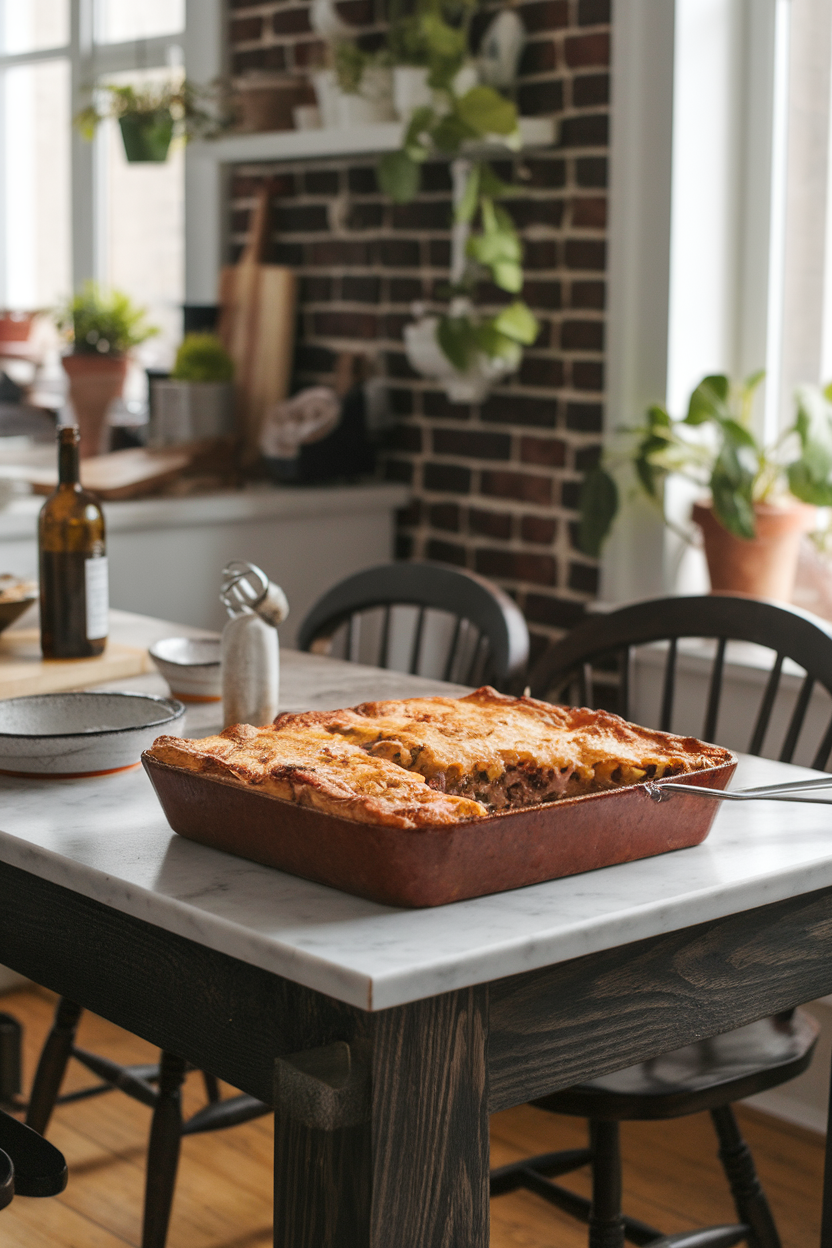 A rustic indoor dining table with a deep baking dish of sausage and cheese strata, layers visible where a slice has been removed. No text or logos. Photo, not illustration.