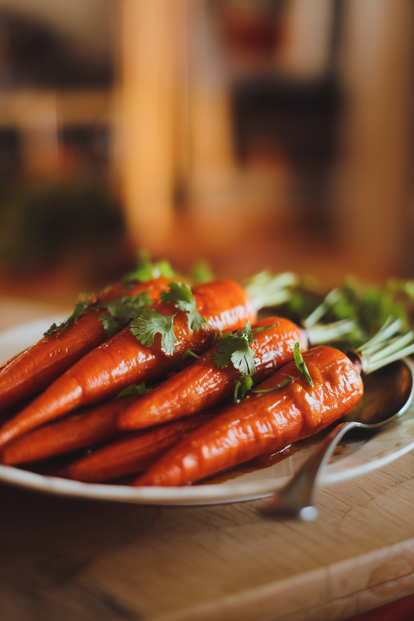 Warm indoor shot of roasted carrot halves coated in a glossy harissa honey glaze, garnished with chopped cilantro. No text or logos.