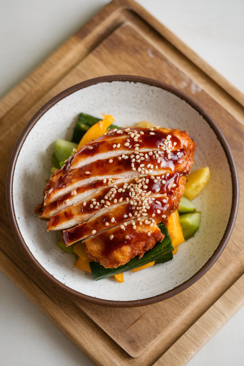 Indoor ceramic plate with sliced air-fried chicken breast lacquered in shiny teriyaki glaze, sprinkled with sesame seeds, photographed overhead. No text or logos.