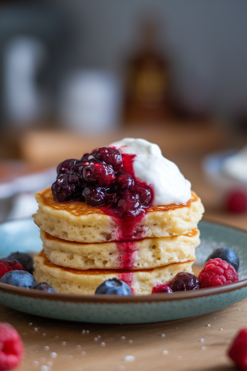 An indoor plate of small cottage cheese pancakes topped with berry compote and a dollop of Greek yogurt, no text or logos.