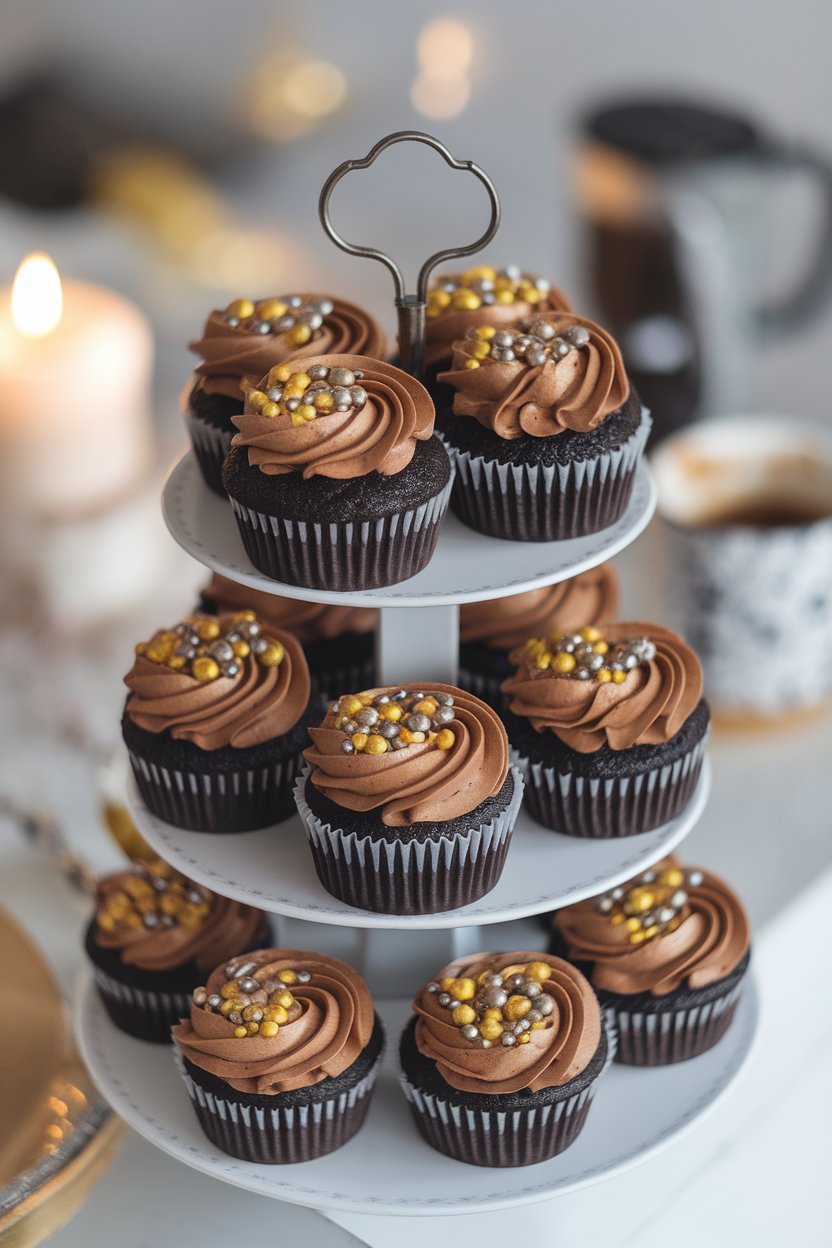Indoor tiered cupcake stand holding chocolate cupcakes swirled with gold and silver sprinkles resembling clock confetti; no text or logos