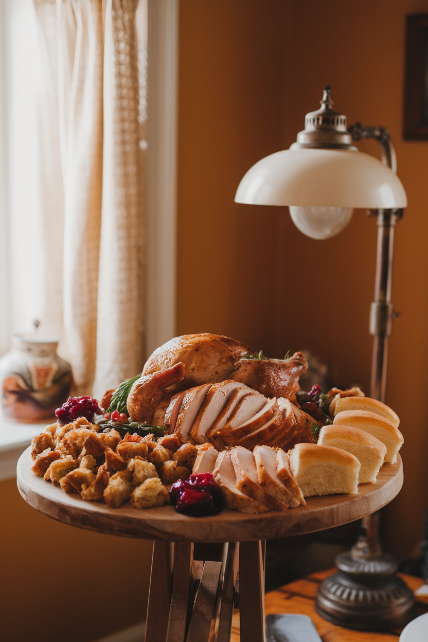 Warm indoor kitchen image of a board piled with sliced roast turkey, stuffing bites, cranberry sauce dollops, and dinner roll wedges; no text or logos