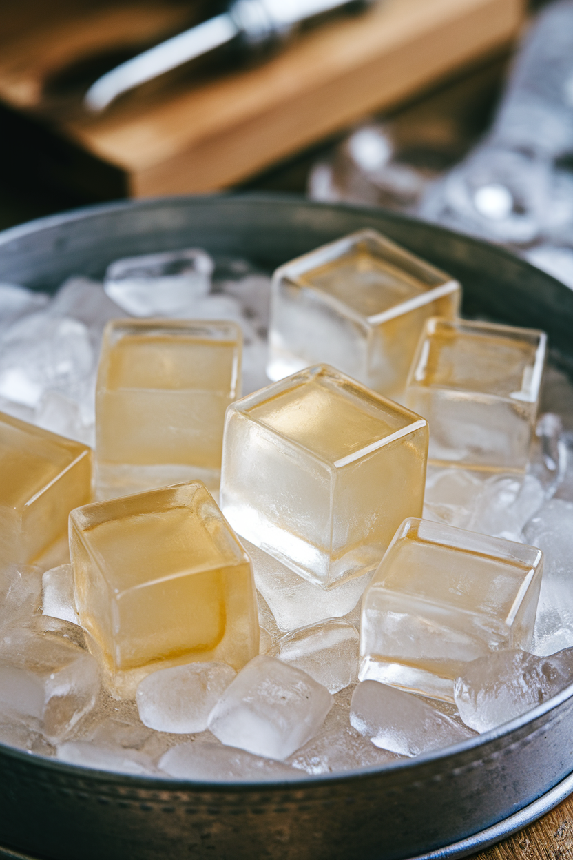 Indoor image of pale champagne gelée cubes on a chilled metal tray, no text or logos