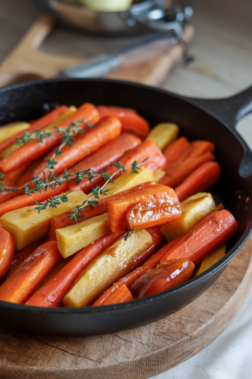 Indoor skillet packed with caramelized carrots, parsnips, and sweet potatoes glazed with maple syrup, garnished with fresh thyme. No logos or text.