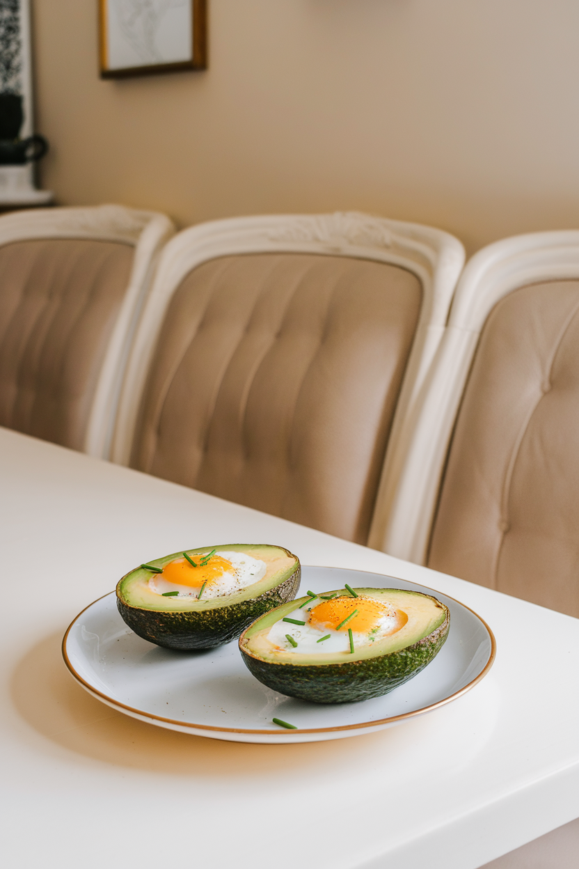 Indoor breakfast nook showing two avocado halves baked with eggs inside, yolks still soft, sprinkled with chives, no text or logos