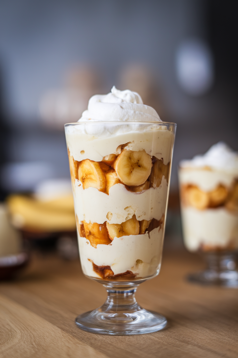 Indoor photo of layered parfait glasses featuring caramelized bananas, vanilla pudding, and whipped cream, no text or logos