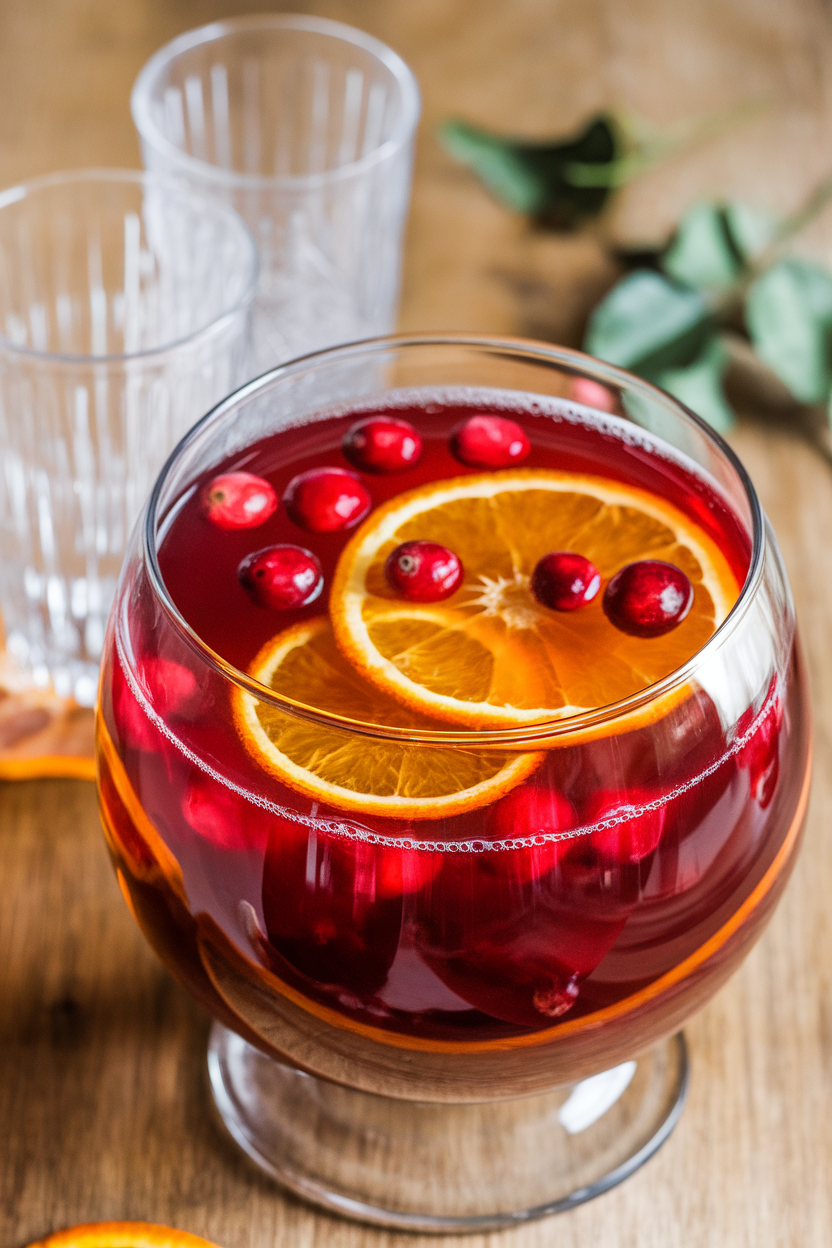 Indoor punch bowl with ruby-red cranberry kombucha punch, floating orange wheels and fresh cranberries, with clear glasses alongside. No text or logos in the scene.