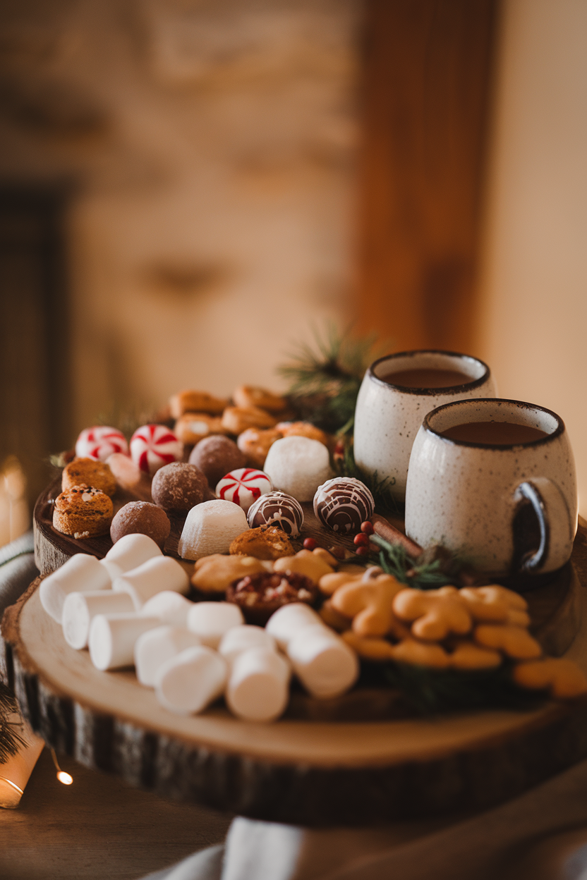 Warm indoor shot of a board with marshmallows, chocolate truffles, peppermint sticks, and mini gingerbread cookies arranged next to ceramic mugs of cocoa; no text or logos