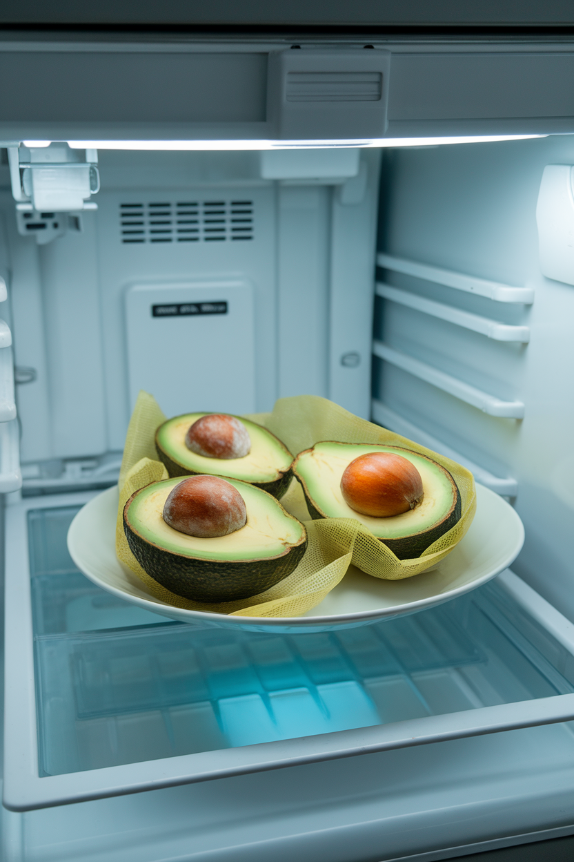Photo, indoor fridge door compartment holding halves of avocado with pits intact, covered by beeswax wrap, cool lighting, no logos.