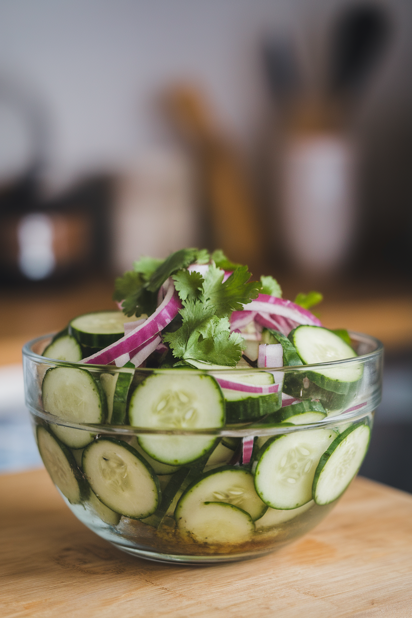 Bowl indoors showing sliced cucumbers, red onion slivers, and cilantro tossed in light dressing, no text or logos