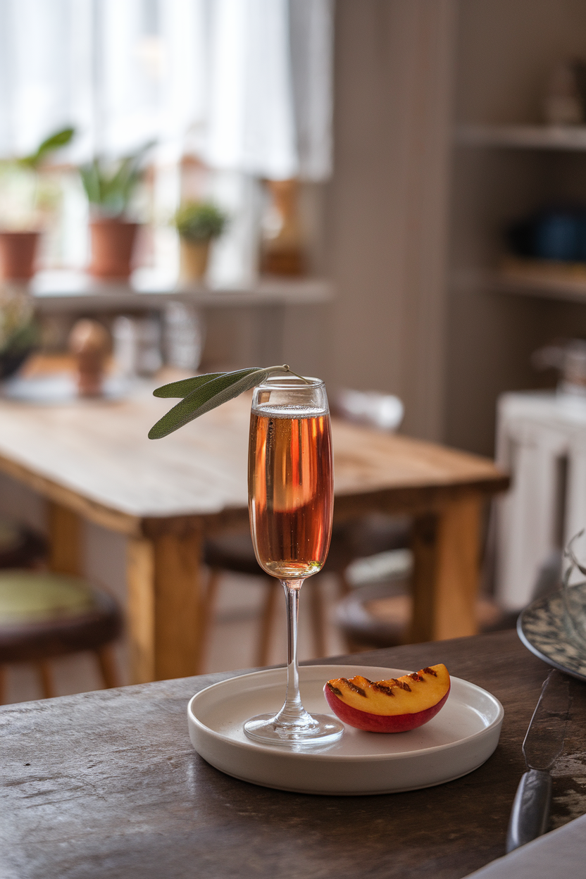 An indoor rustic kitchen island with a flute of amber Champagne, thin grilled peach slice and sage leaf floating. Photo, not illustration. No text or logos.