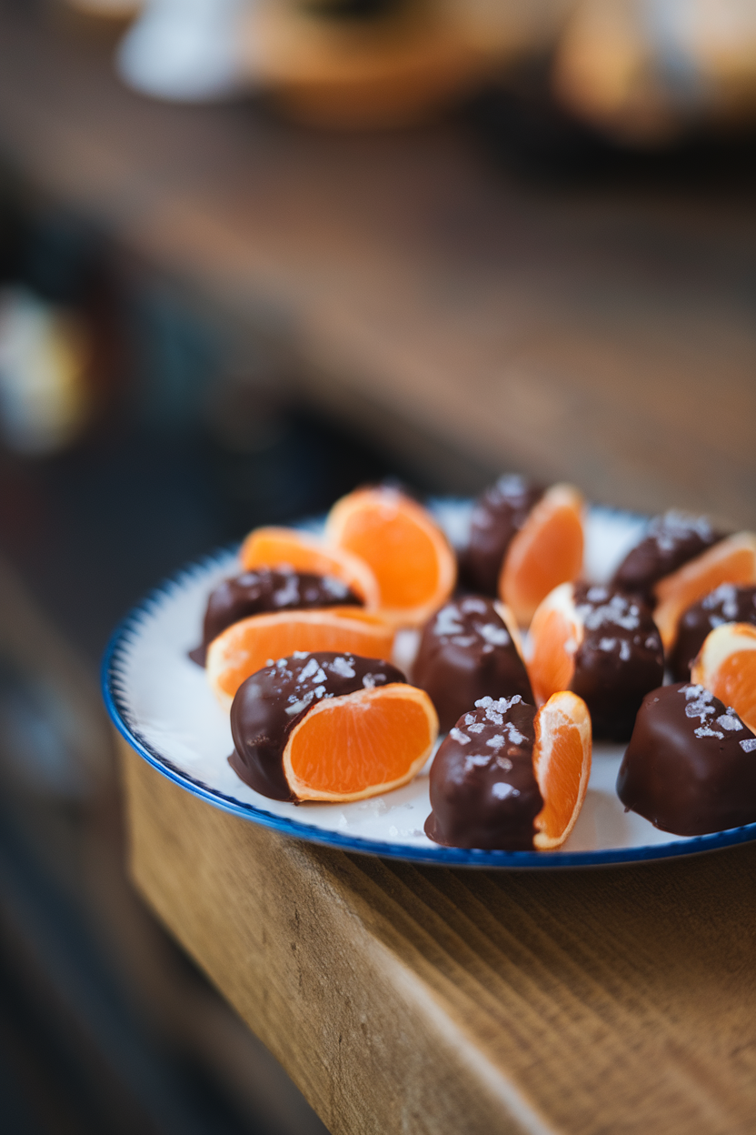 An indoor plate of clementine segments half-dipped in dark chocolate and sprinkled with sea salt, photographed at a 45-degree angle. No text or logos, photo only.