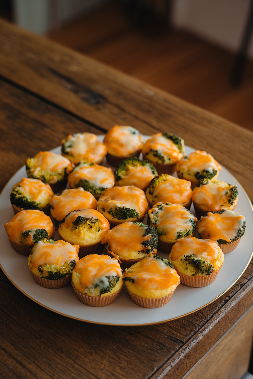 Photo of a platter of mini egg muffins showing broccoli florets and melted cheddar, set on an indoor breakfast table. No text or logos.</Prompt