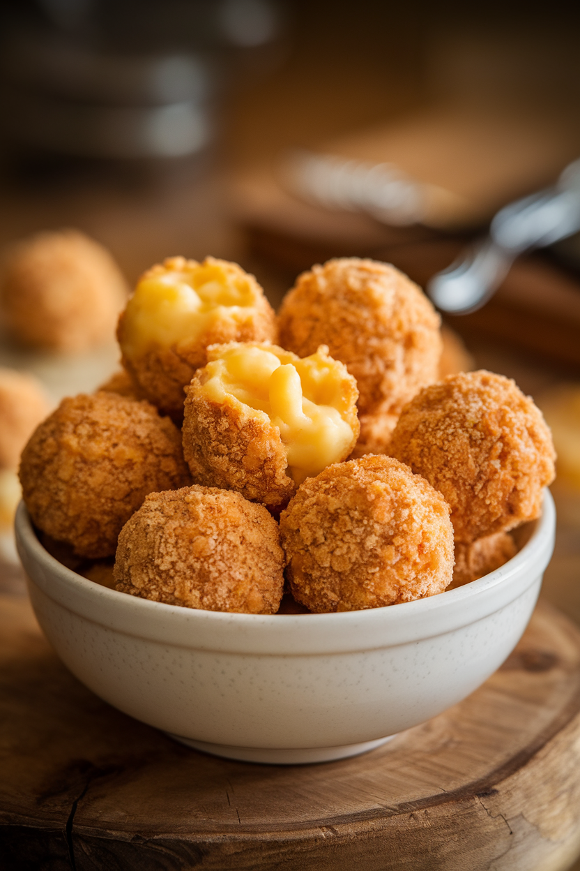 Photo of an indoor white bowl filled with breadcrumb-crusted mac and cheese spheres, molten cheese visible in a cracked piece, soft evening lighting; no text or logos.