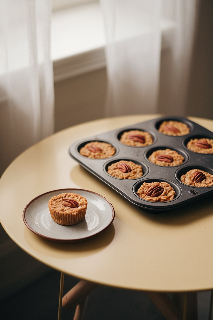 A softly lit indoor table with a muffin tin holding golden baked oatmeal cups studded with pecans, one cup placed on a small plate in front. Photo, no text or logos.