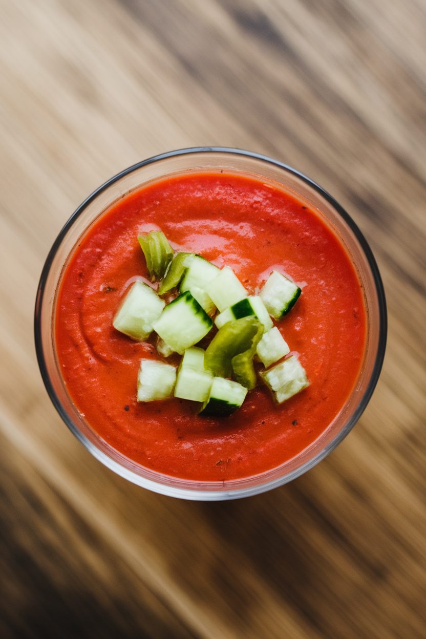 Indoor photo of chilled red gazpacho in a clear glass, garnished with diced cucumber and green pepper; overhead, no text or logos