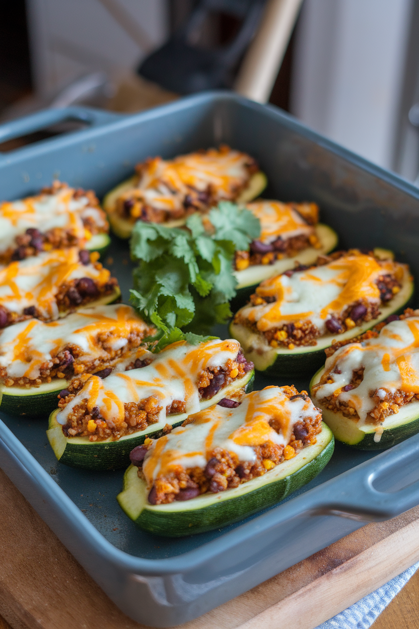 Indoor baking dish holding zucchini halves stuffed with spiced quinoa, black beans, and corn, topped with melted cheese. No logos or text; photo.