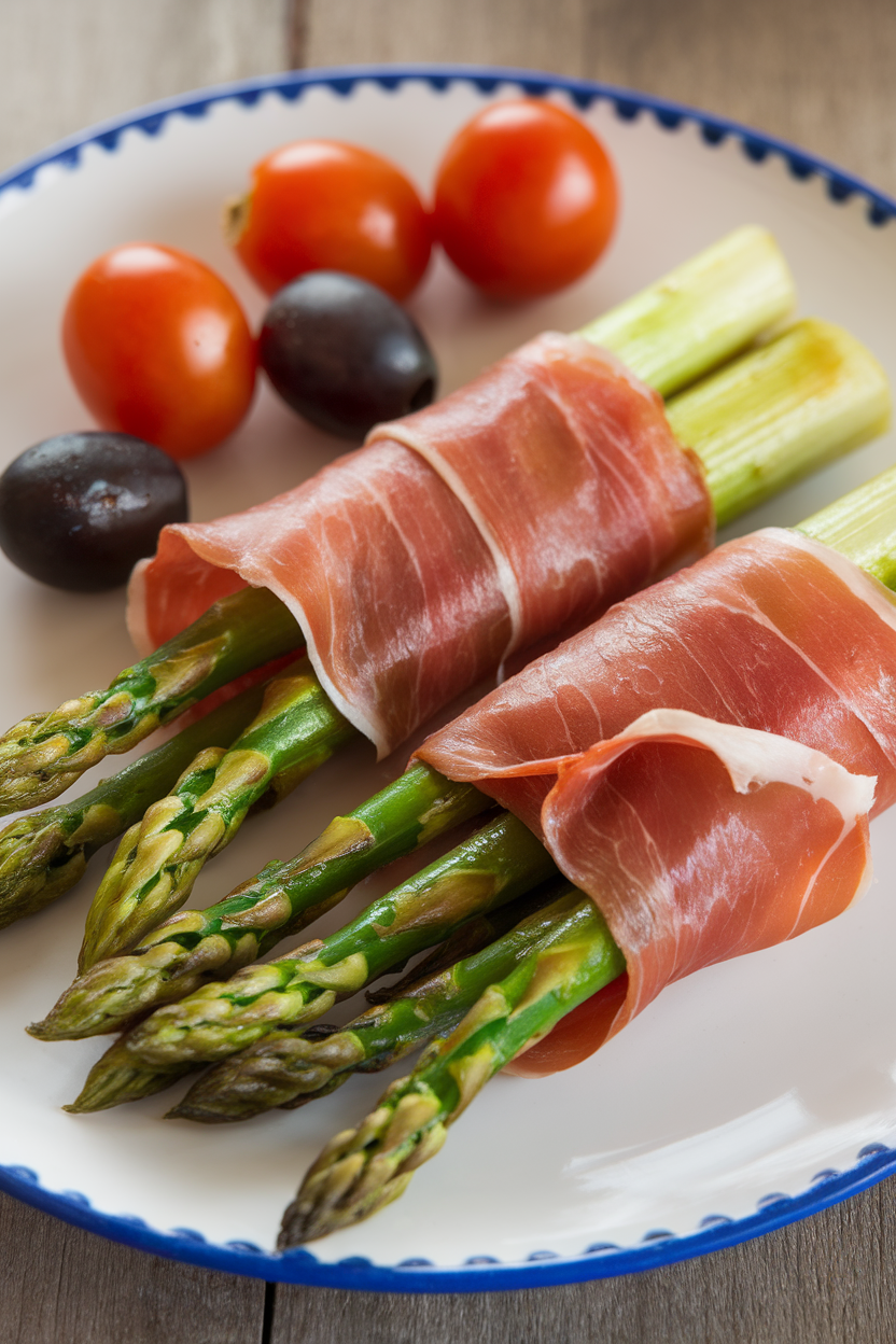 An indoor appetizer plate featuring bundles of bright green asparagus spears wrapped in crisp prosciutto, lightly charred tips visible. No words or logos. Photo only.