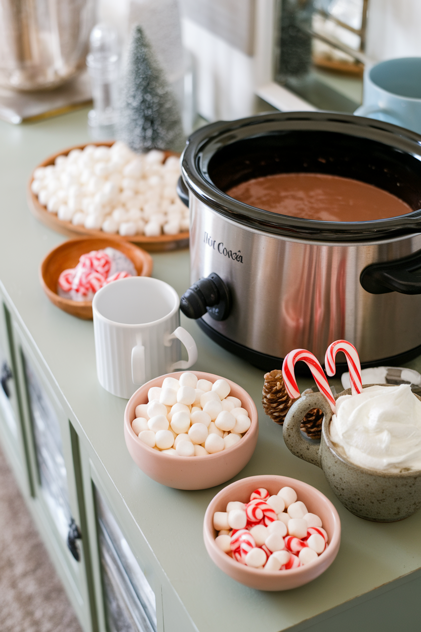 Photo of an indoor sideboard featuring a large slow cooker of hot cocoa, mugs, bowls of mini marshmallows, candy canes, and whipped cream. No text or logos visible.