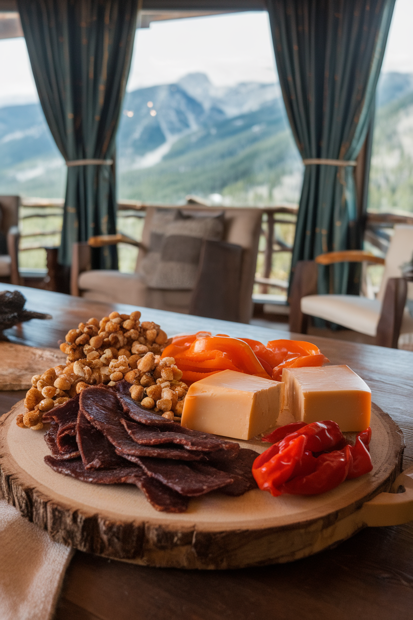 Indoor lodge-style table with a board of beef jerky strips, smoked gouda, fire-roasted red peppers, and trail mix clusters; no text or logos.