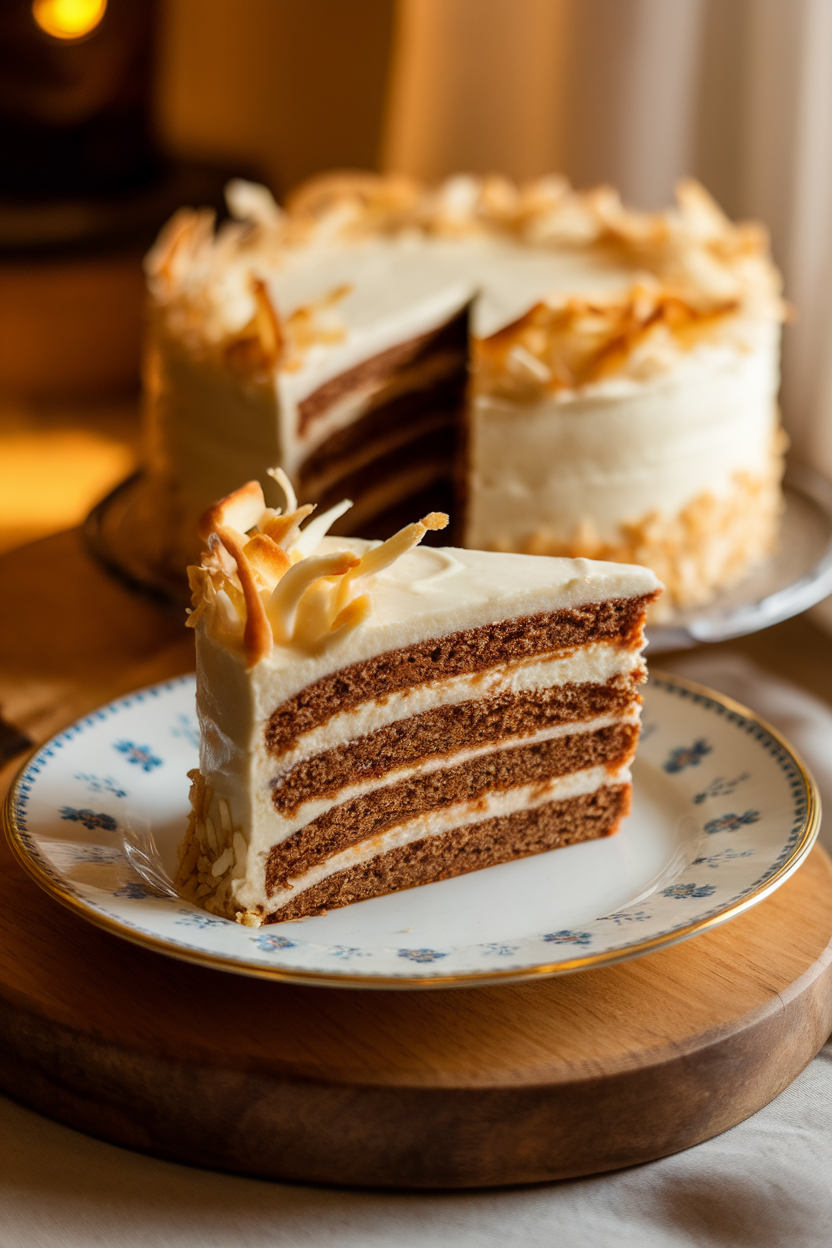 A warmly lit indoor tropical-themed dessert plate with a slice of hummingbird cake, cream cheese frosting, and toasted coconut flakes. No text or logos. Photo, not illustration.