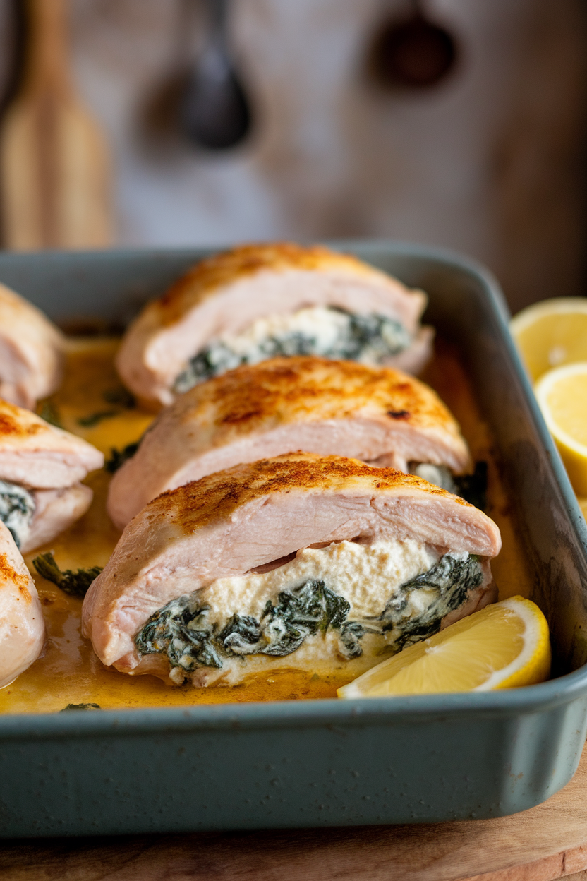 Chicken breast cut open to reveal creamy ricotta-spinach filling, resting in a baking dish indoors, no text or logos.