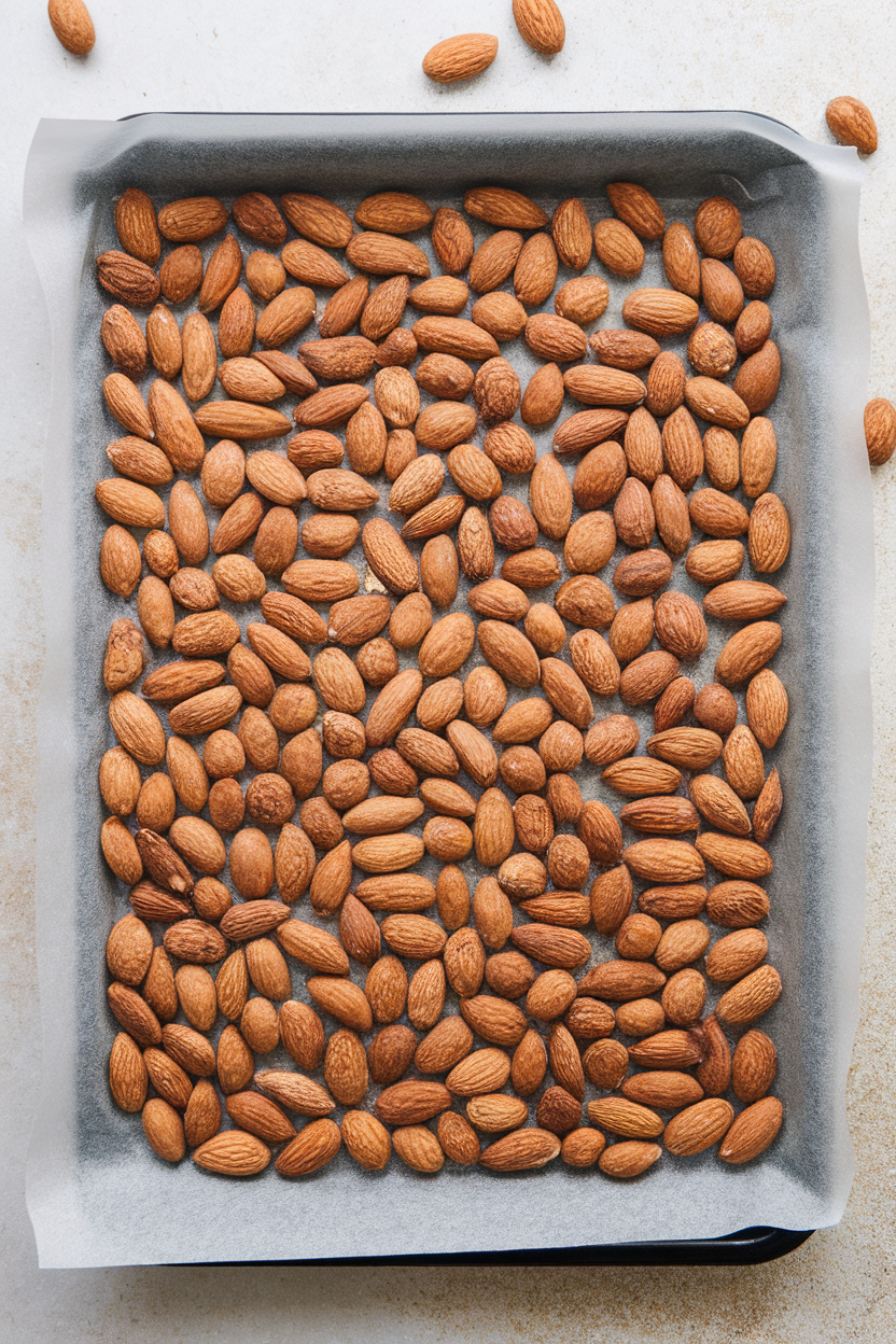 Indoor photo of raw almonds scattered over a baking sheet lined with parchment; overhead light, no text or logos