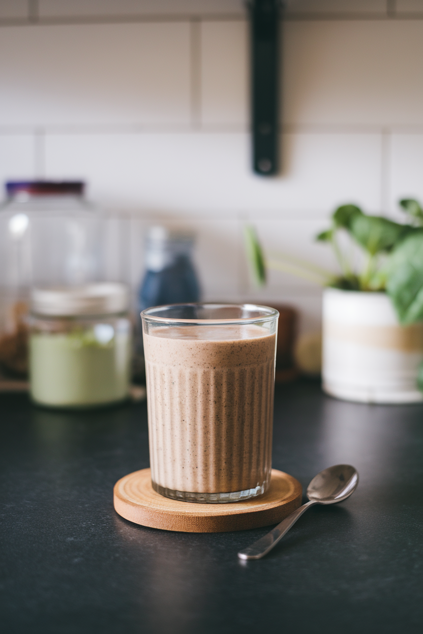 An indoor countertop holding a glass of thick smoothie made with almond butter, flaxseed, banana, and spinach. No text or logos in scene; photo only.