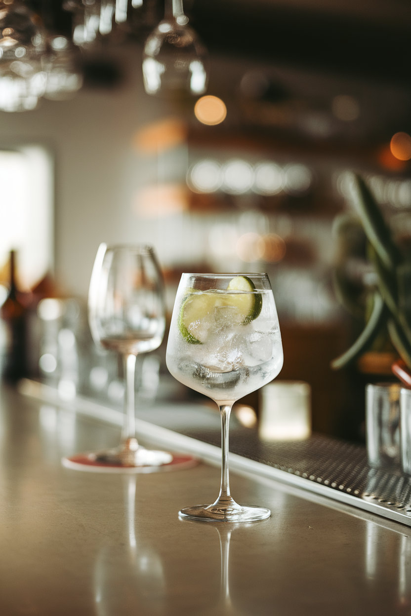 Indoor photo of a sparkling water with lime in a stemmed glass on a bar counter, with a wine glass pushed into the background; no text or logos.