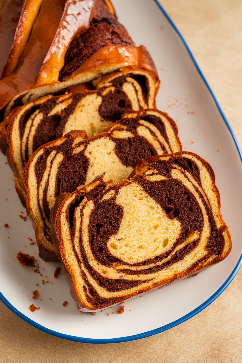Indoor image of a sliced babka loaf showing marbled chocolate-orange filling, glossy top from sugar syrup; no text or logos.