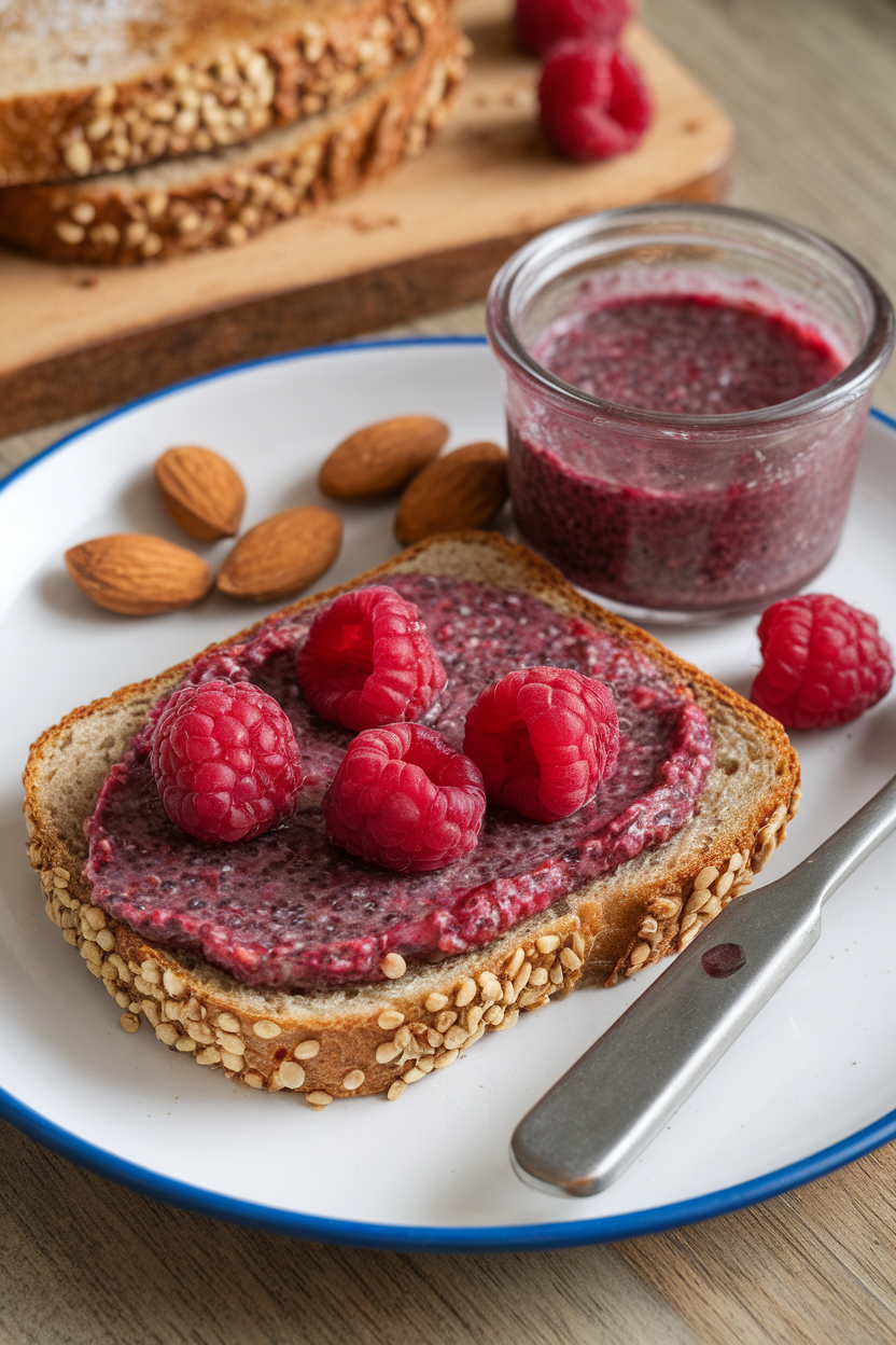 An indoor breakfast plate featuring a slice of toasted sprouted bread spread with raspberry almond chia jam. Photo, no text or logos.