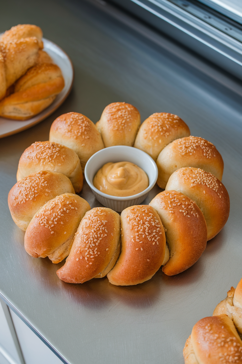 Indoor countertop photo of a golden crescent-shaped sausage roll wreath with a small bowl of mustard in the center. No text or logos visible. Photo only.