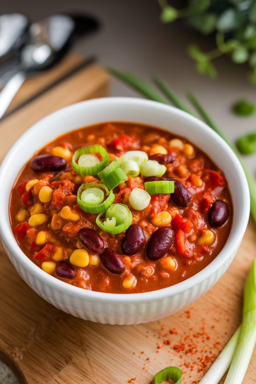 Indoor photo of a bowl of thick turkey chili with kidney beans, corn, and peppers, topped with sliced scallions; no text or logos.