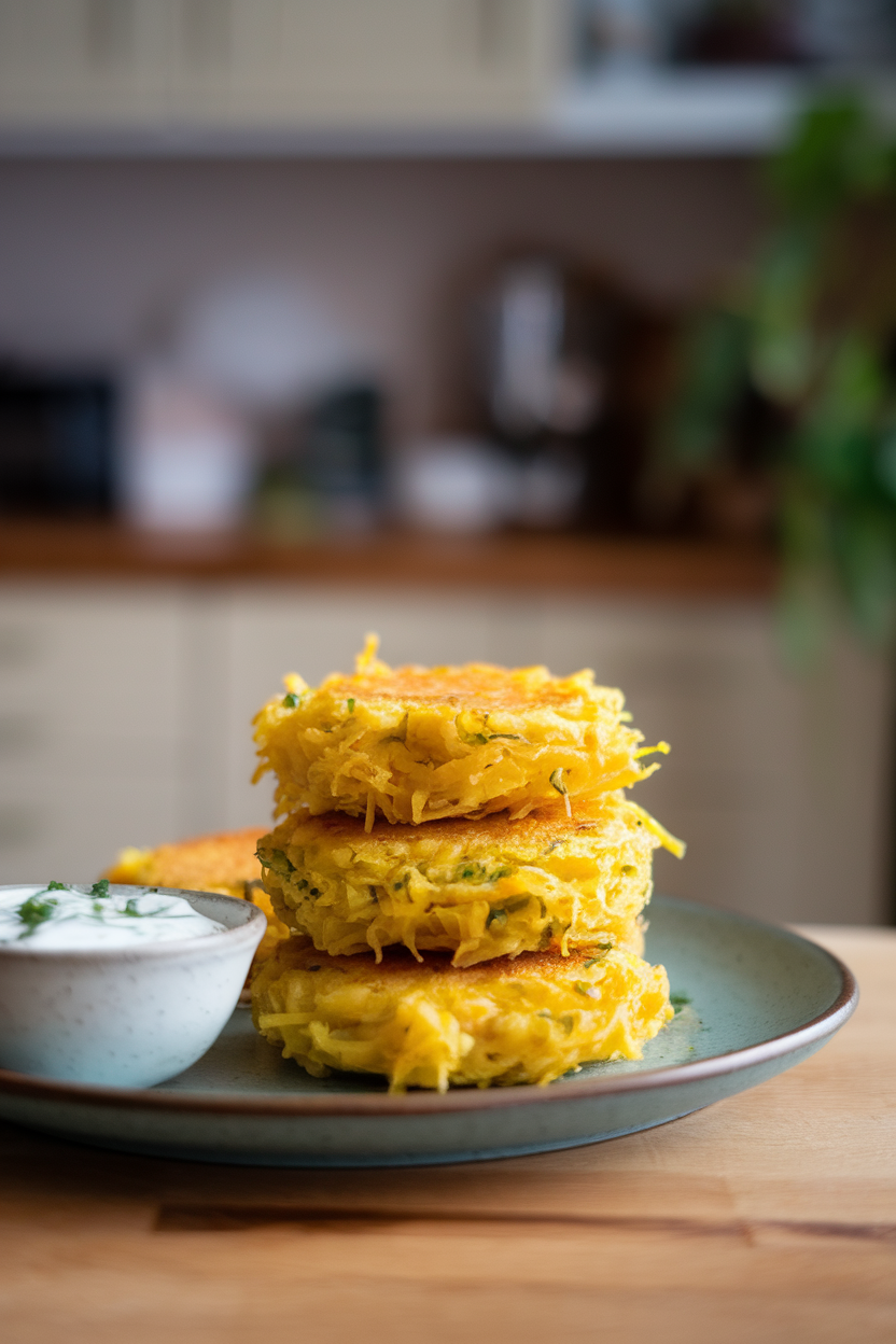 Indoor photo of golden spaghetti squash fritters stacked on a plate with a small bowl of yogurt chive sauce. No text or logos.