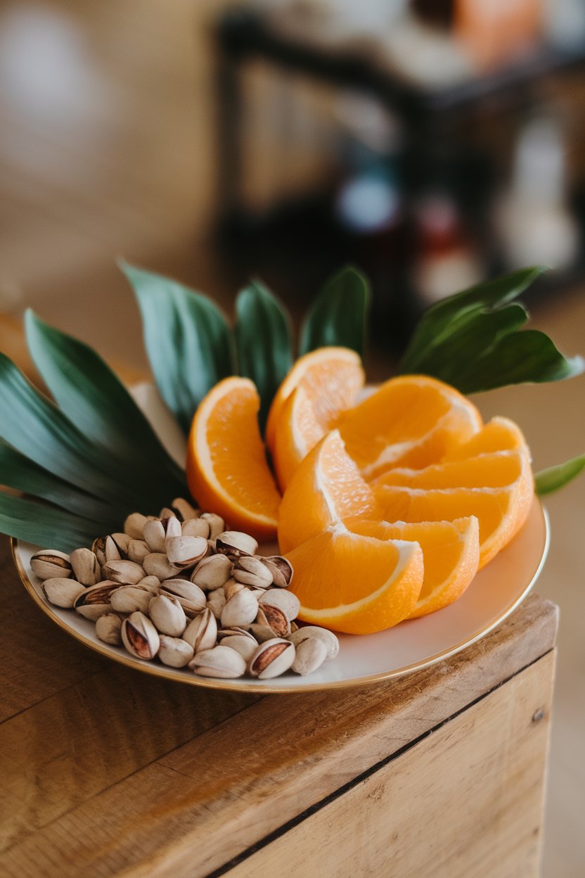 An indoor snack plate with neatly segmented orange slices beside a small pile of shelled pistachios. No text or logos. Photo.