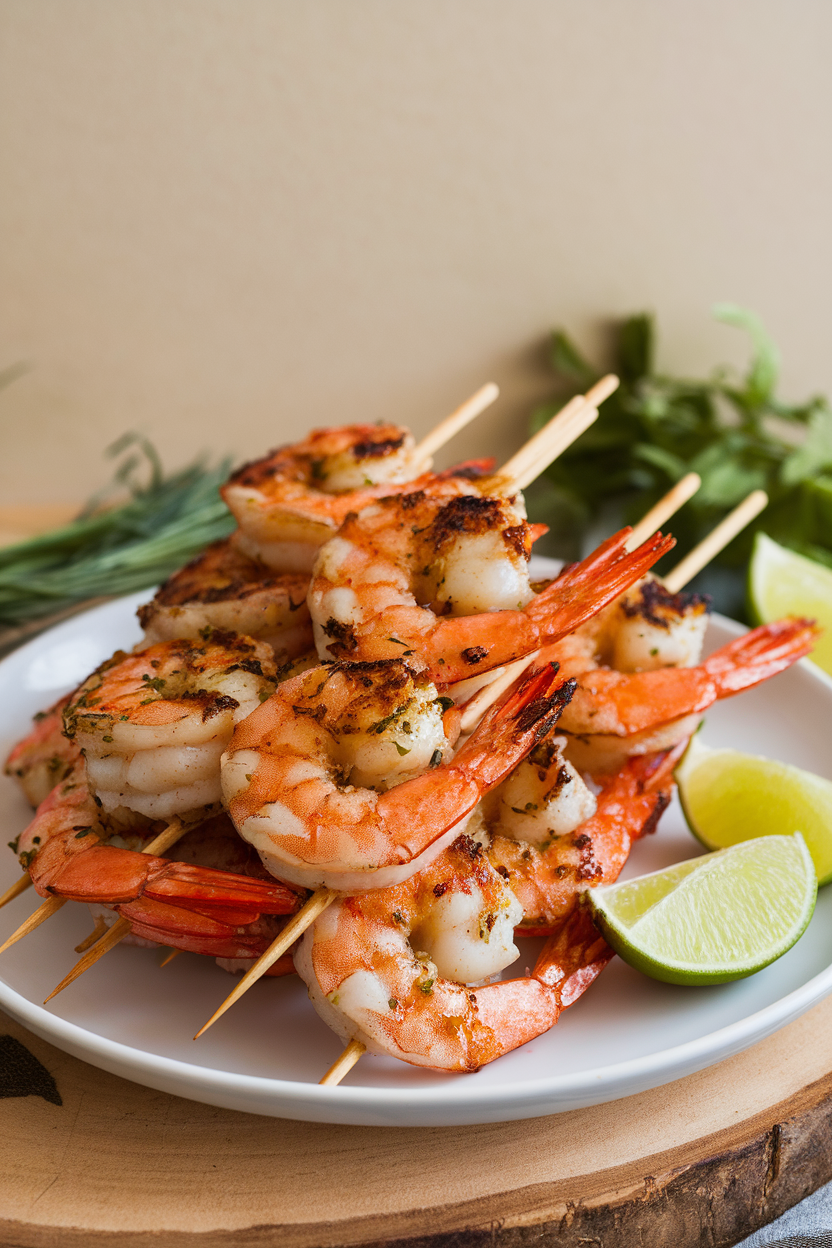 A white indoor plate with grilled shrimp skewers brushed in honey-lime glaze, lime wedges on the side. No text or logos. Photo only.