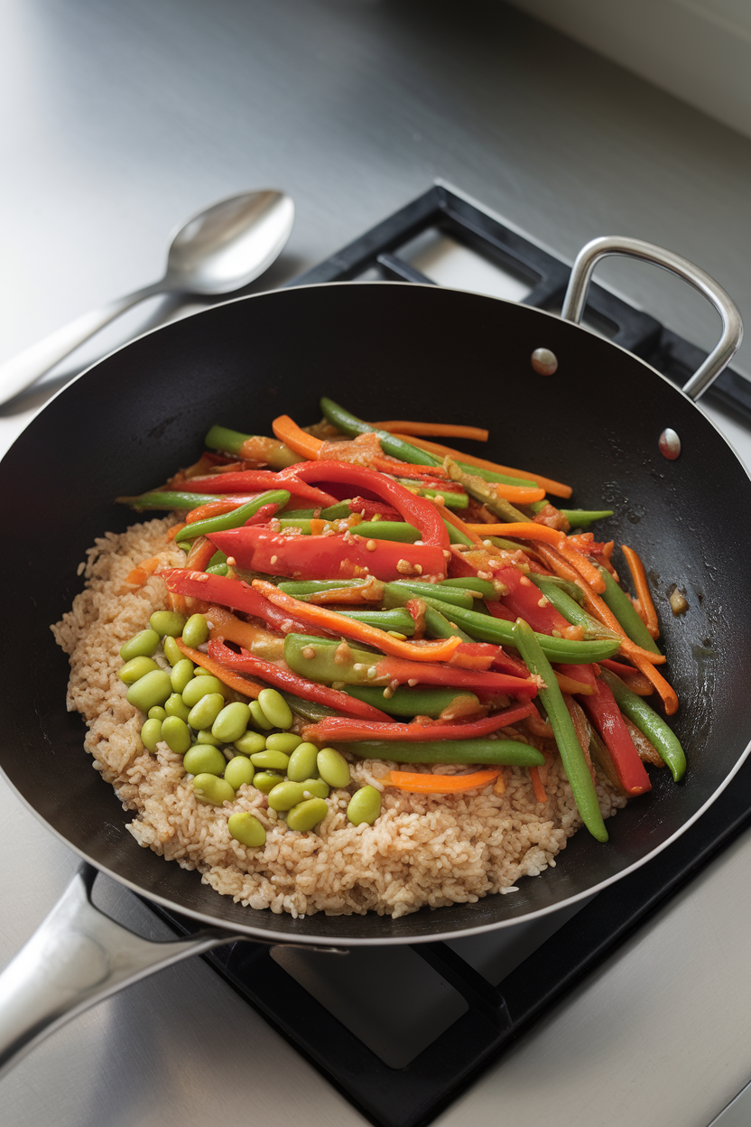 A wok on an indoor stovetop filled with brown rice, edamame, and colorful mixed vegetables glistening with soy-ginger sauce. No text or logos.