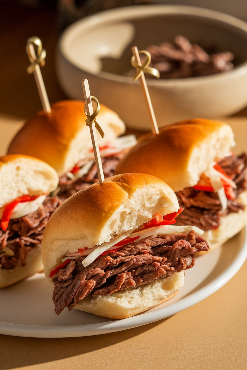 Indoor photo of mini brioche buns filled with thin bulgogi beef and kimchi slaw, skewers through each. No text or logos.