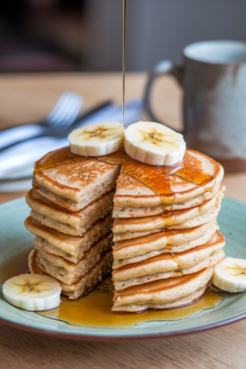 A stack of fluffy banana-oat pancakes on an indoor breakfast plate with a drizzle of pure maple syrup. No text or logos. Photo only.
