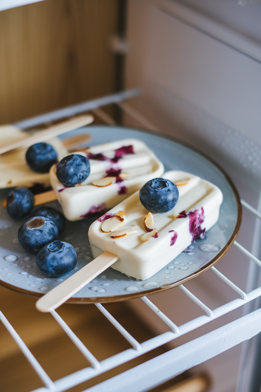 An indoor freezer-door shot showing hand-held yogurt pops studded with blueberries and slivered almonds, one pop resting on a plate with condensation droplets. No text or logos.