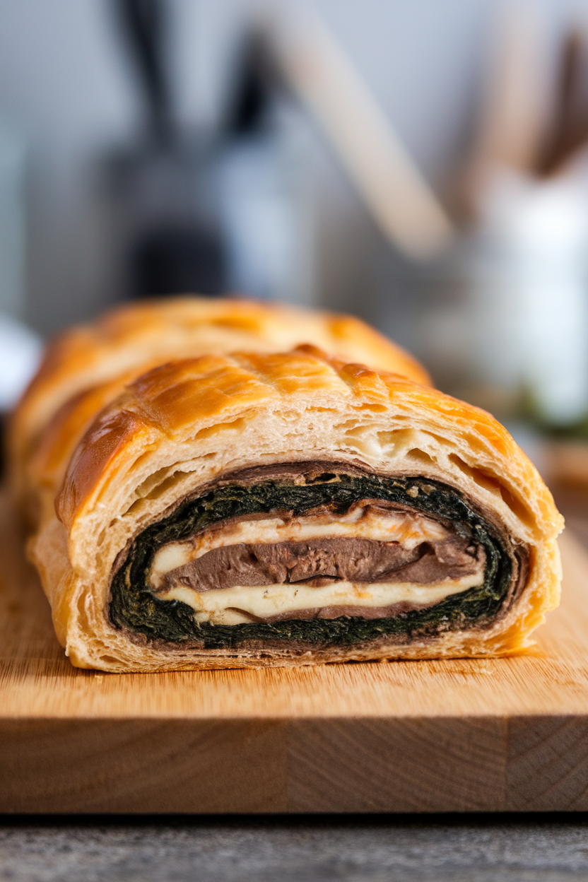 A wooden cutting board indoors with sliced puff pastry-wrapped portobello wellington showing spinach and cheese layers. No text or logos. Photo.