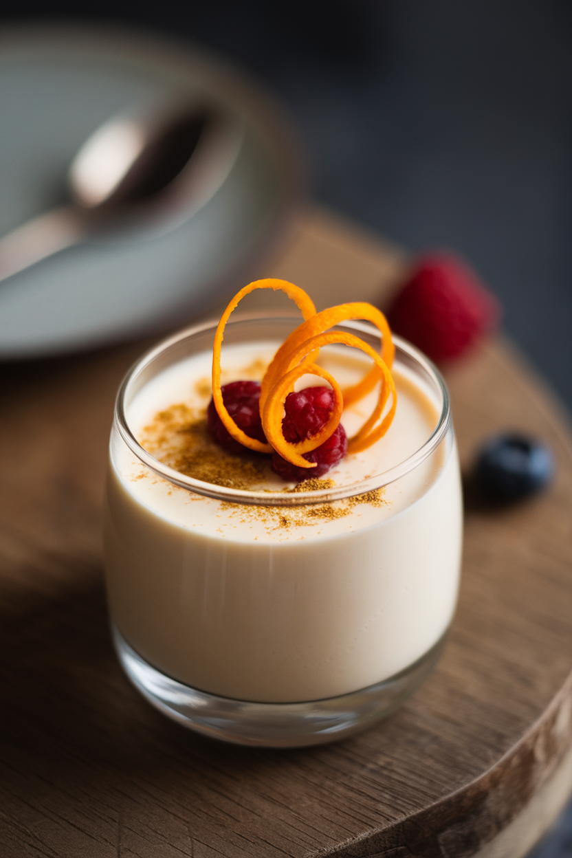 Indoor small glass of silky panna cotta garnished with orange zest curls and a sprinkle of ground cardamom; no logos. Photo, not illustration.
