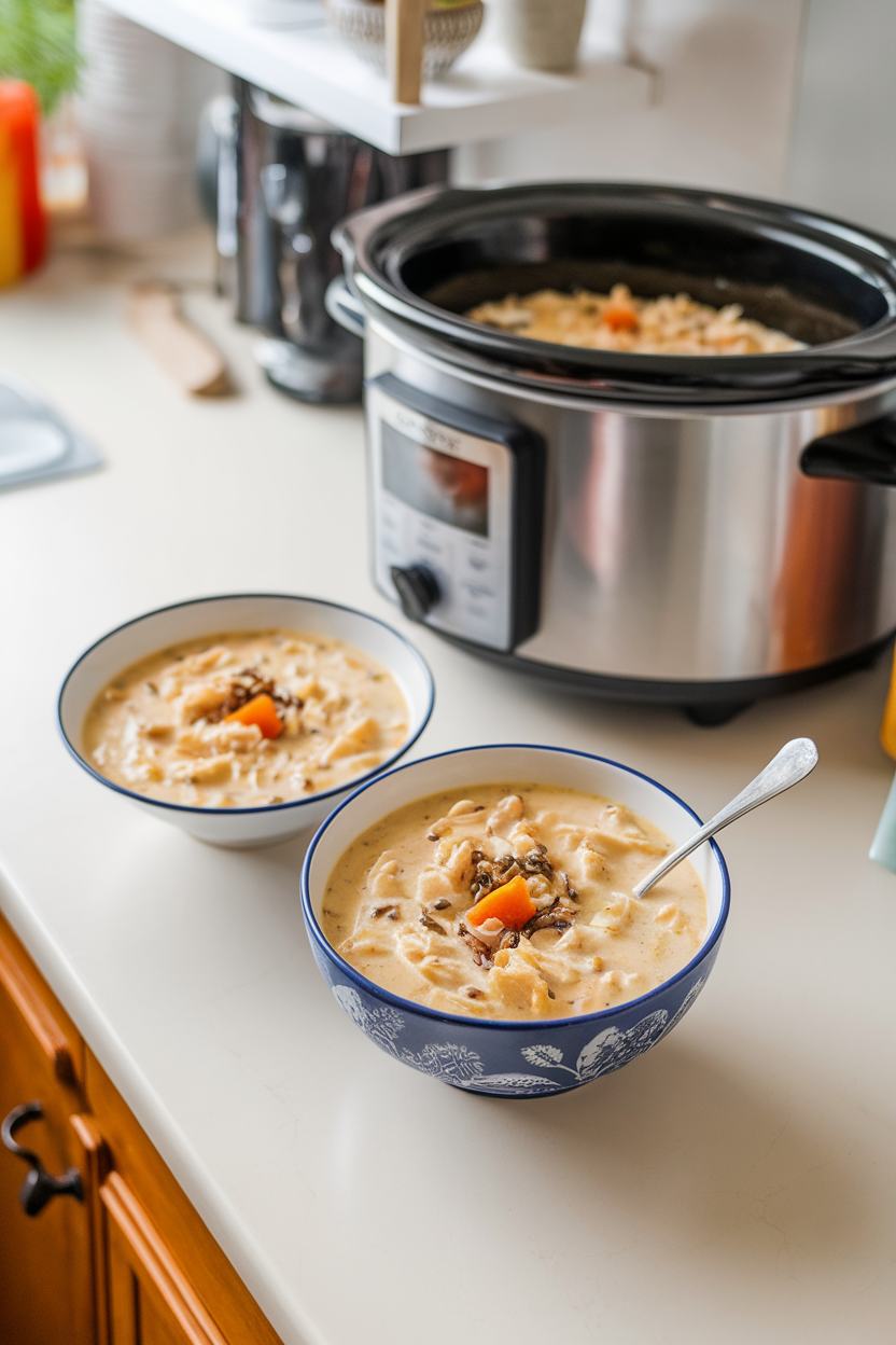 An indoor kitchen counter with a bowl of creamy chicken and wild rice soup, chunks of carrot visible, slow cooker in background. No text or logos. Photo.