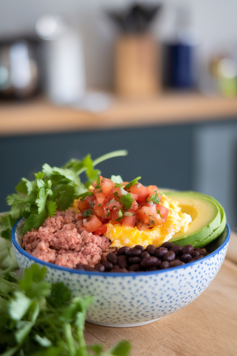Indoor photo of a breakfast bowl featuring ground turkey, scrambled egg whites, sliced avocado, black beans, and tomato salsa, no text or logos.