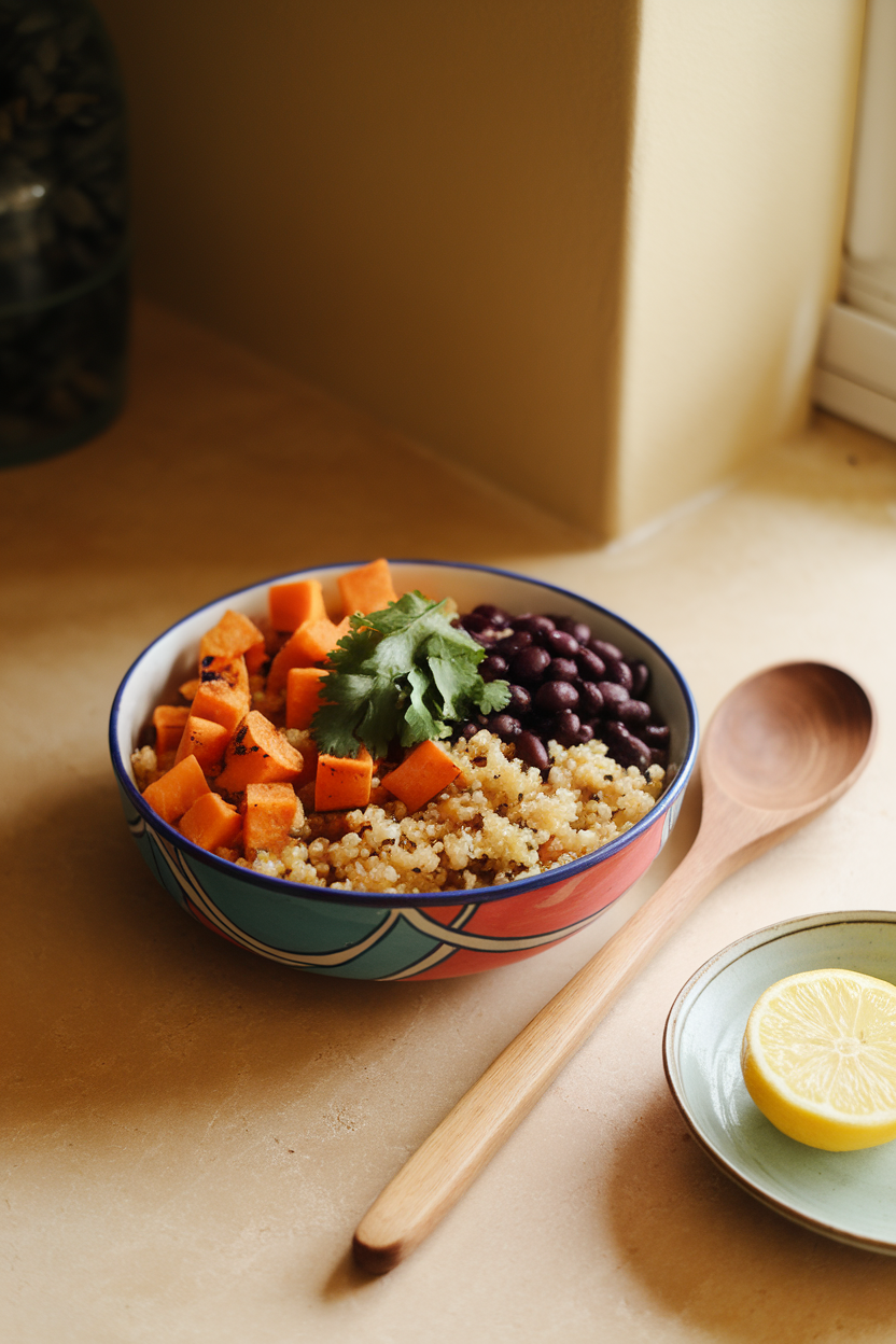 Warmly lit indoor countertop holding a colorful quinoa bowl with roasted sweet potato cubes, black beans, and cilantro, no text or logos. Photo.