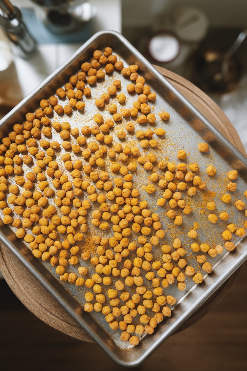 Indoor baking tray of golden roasted chickpeas dusted with turmeric; overhead view, no text or logos.