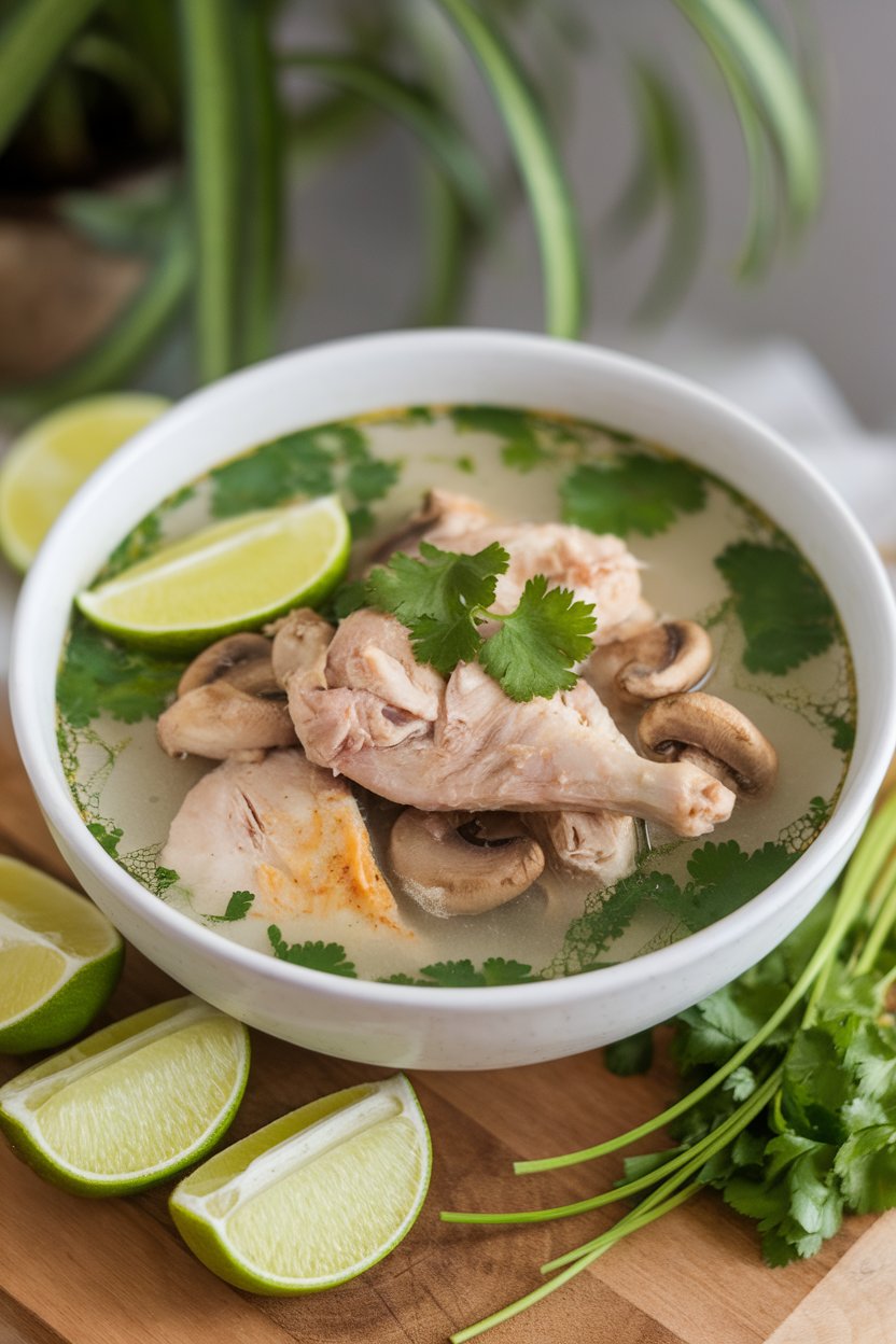 An indoor soup bowl containing cooked chicken pieces, mushrooms, lime wedges, and cilantro in a coconut-lime broth. Photo, no text or logos.