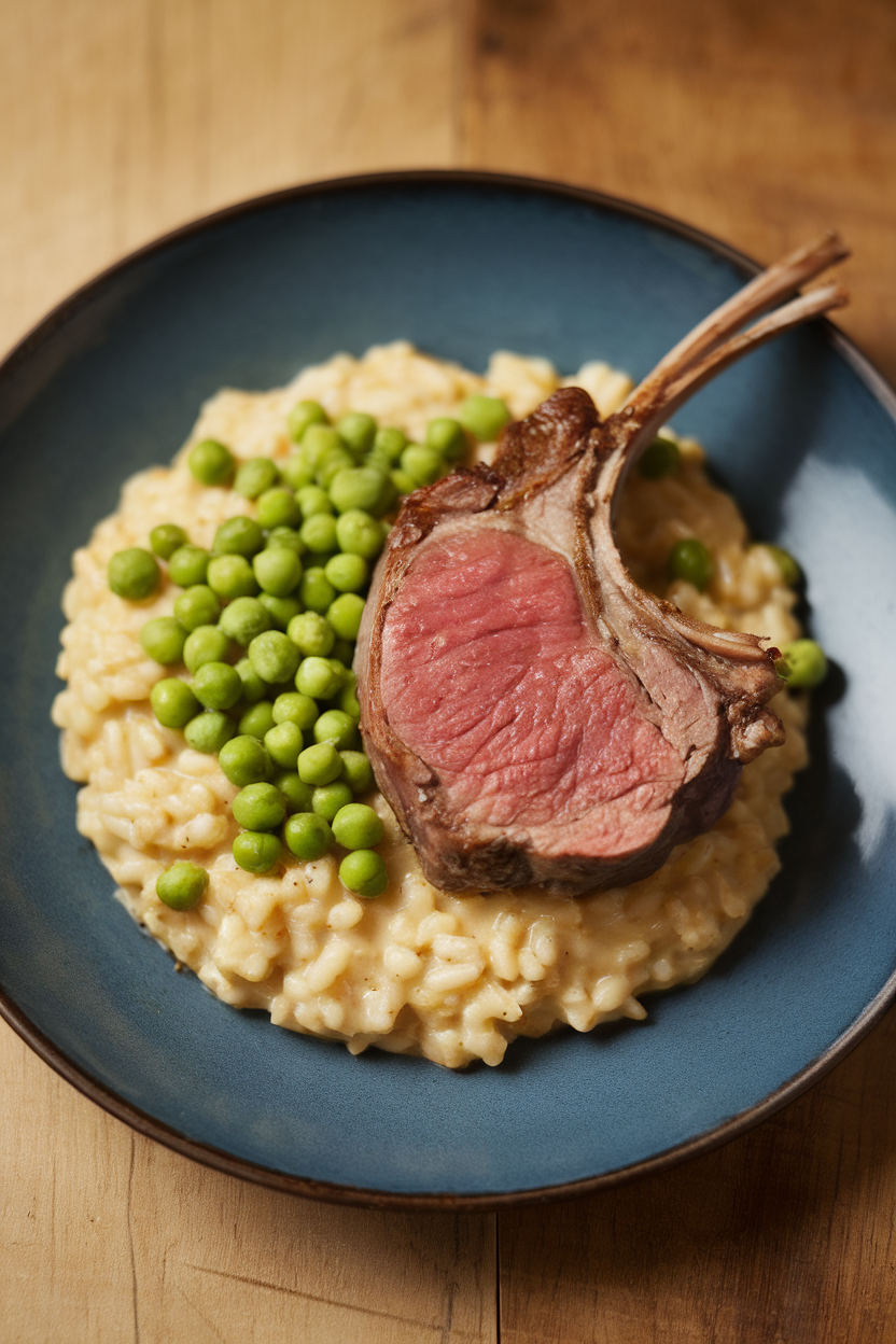 Indoor photo of a seared lamb chop, creamy barley risotto, and bright green peas on a plate. No text or logos.